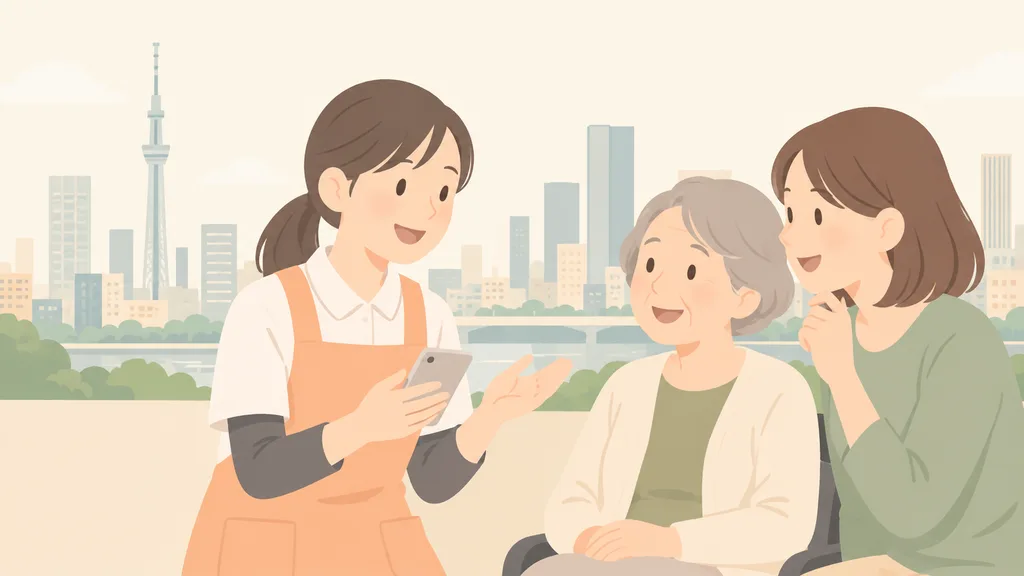 首都圏で転職相談をする介護職の女性のイラスト