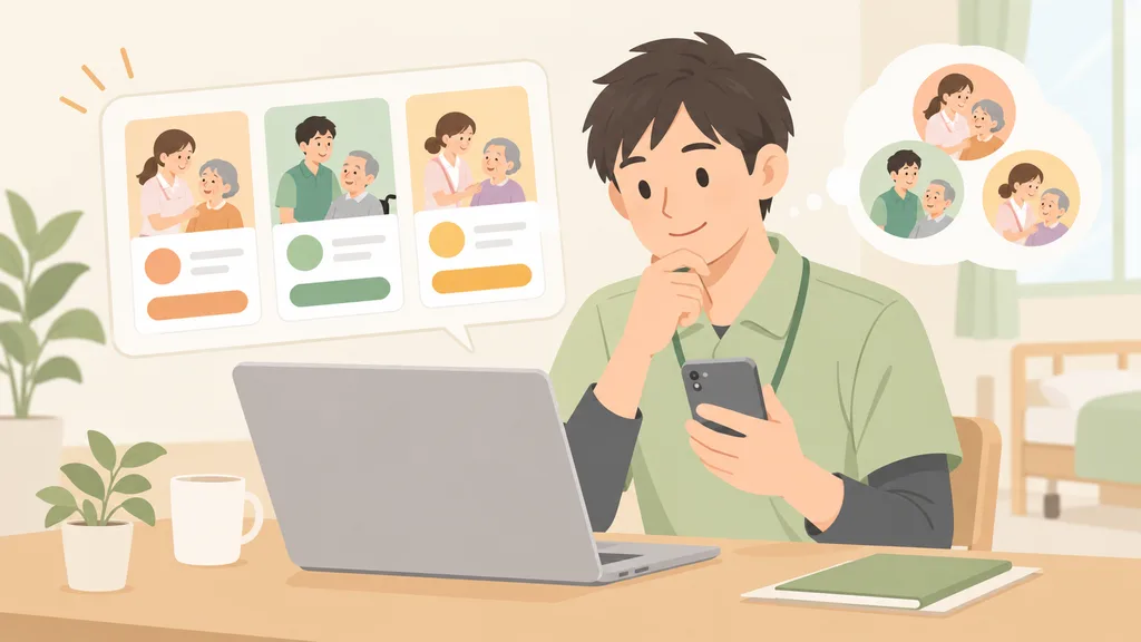 複数の転職サービスを比較する介護職の男性のイラスト