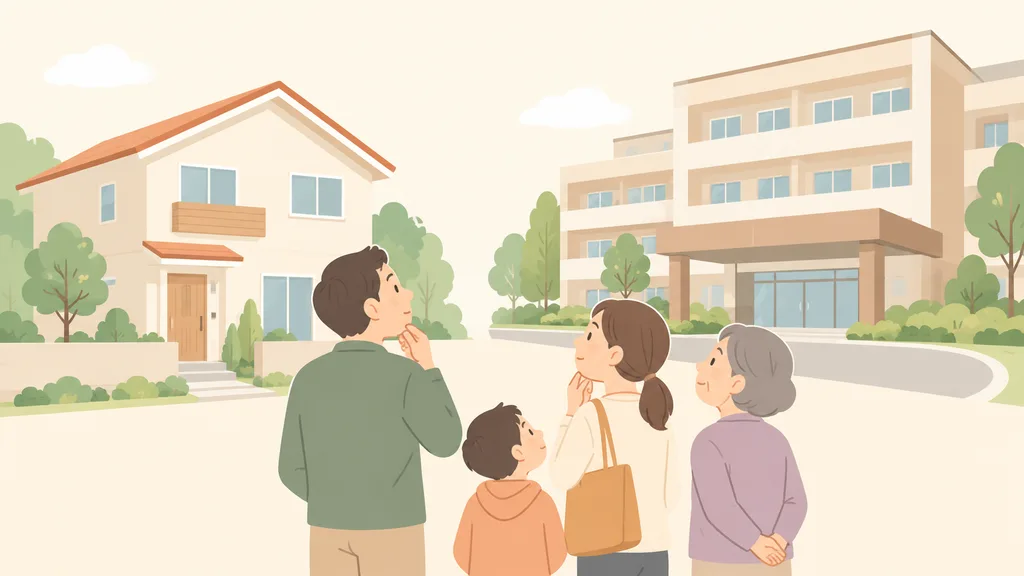 サ高住と有料老人ホームを比較する家族のイラスト
