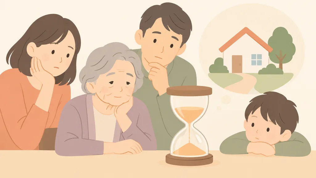 特養の待機期間について考える高齢女性と家族のイラスト