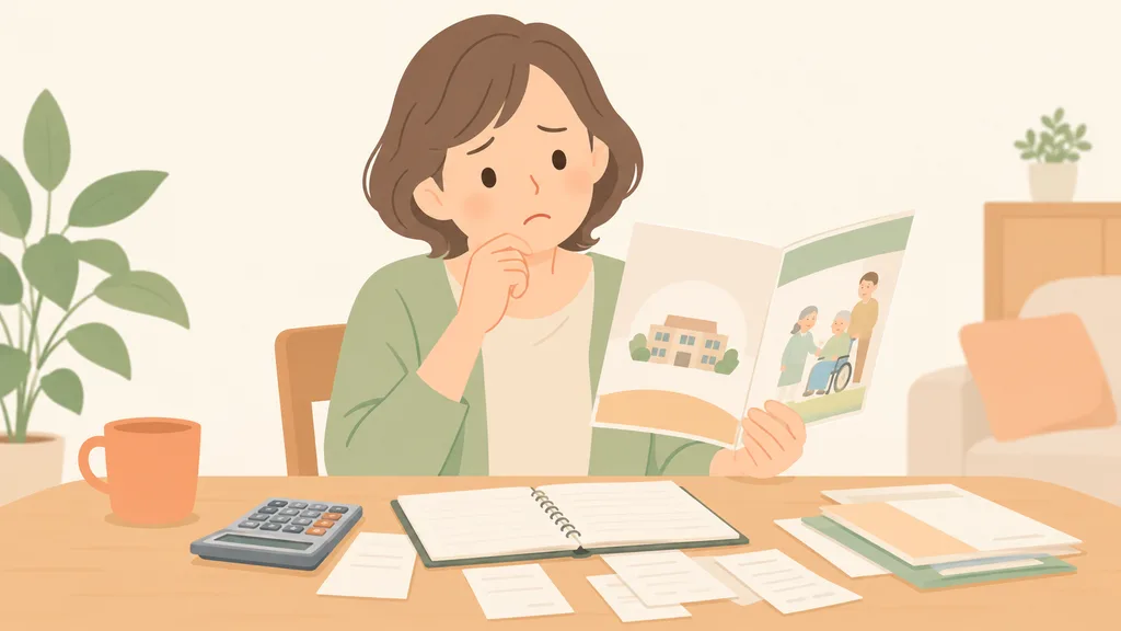 施設費用について資料を確認する女性のイラスト