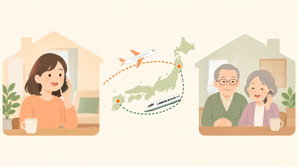 遠距離介護をする家族のイラスト