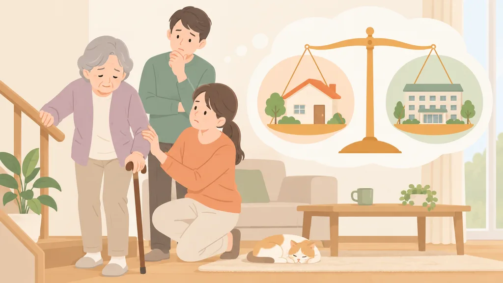 施設入居のタイミングを見守る家族のイラスト