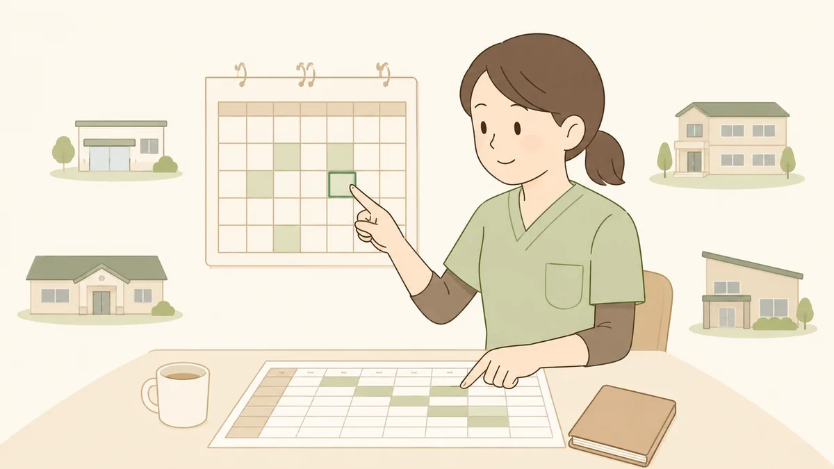 介護職員がカレンダーを見ながら特別養護老人ホームの空き状況を確認しているイラスト