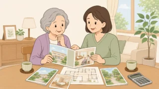 高齢の母と娘が有料老人ホームのパンフレットと費用の見積もりを見比べているイラスト