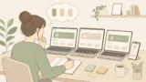 女性が複数の老人ホームの資料をノートパソコンとチェックリストで見比べているイラスト