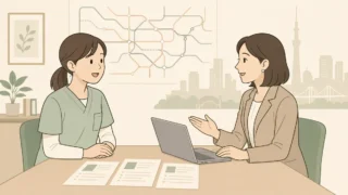 介護職員が相談員と資料を見ながら老健と特養の違いについて話しているイラスト