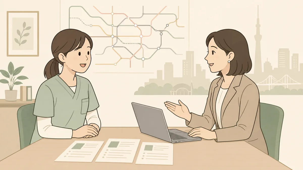 介護職員が相談員と資料を見ながら老健と特養の違いについて話しているイラスト