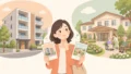 女性がサ高住と有料老人ホームのパンフレットを見比べているイラスト