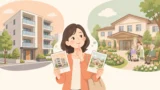 女性がサ高住と有料老人ホームのパンフレットを見比べているイラスト