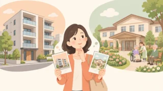 女性がサ高住と有料老人ホームのパンフレットを見比べているイラスト