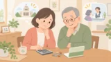 高齢の夫婦が電卓と通帳を見ながら介護施設の費用を相談しているイラスト