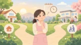 介護職の女性が自宅か施設かの分かれ道で施設入居のタイミングを考えているイラスト