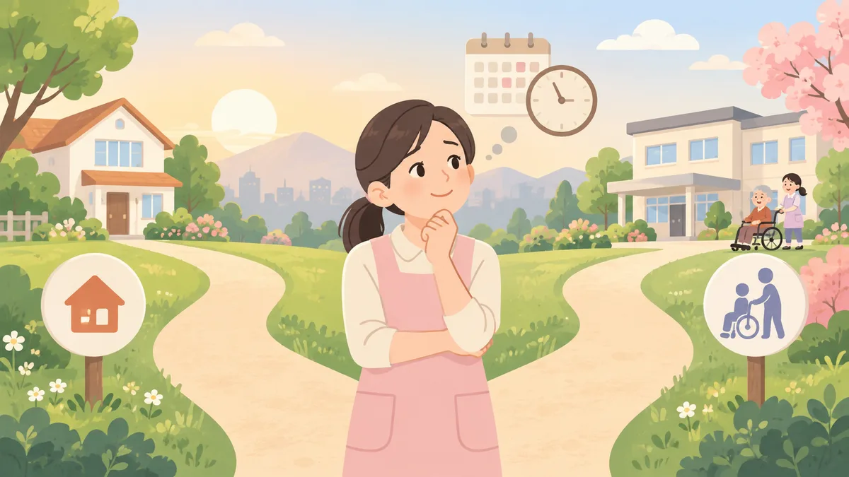 介護職の女性が自宅か施設かの分かれ道で施設入居のタイミングを考えているイラスト