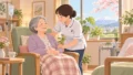 介護医療院で看護師が高齢女性のケアをしているイラスト