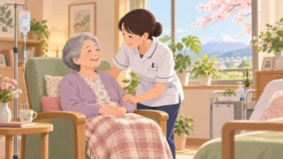 介護医療院で看護師が高齢女性のケアをしているイラスト