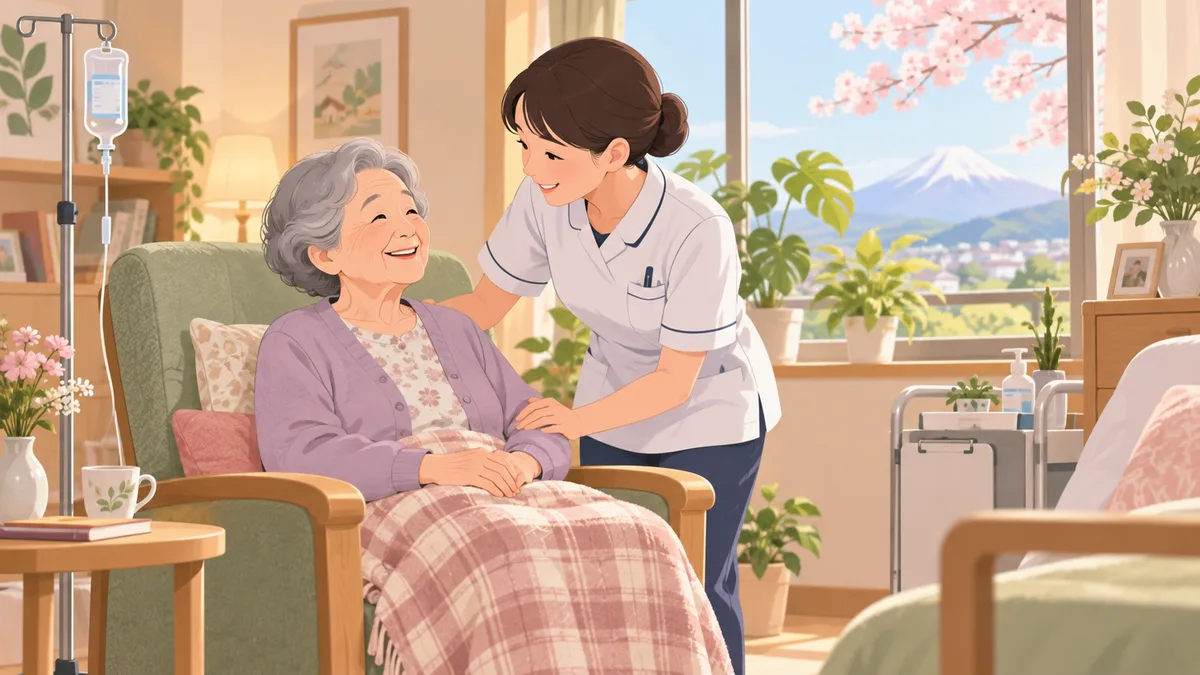 介護医療院で看護師が高齢女性のケアをしているイラスト