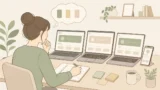 女性が複数の介護転職サービスを見比べているイラスト