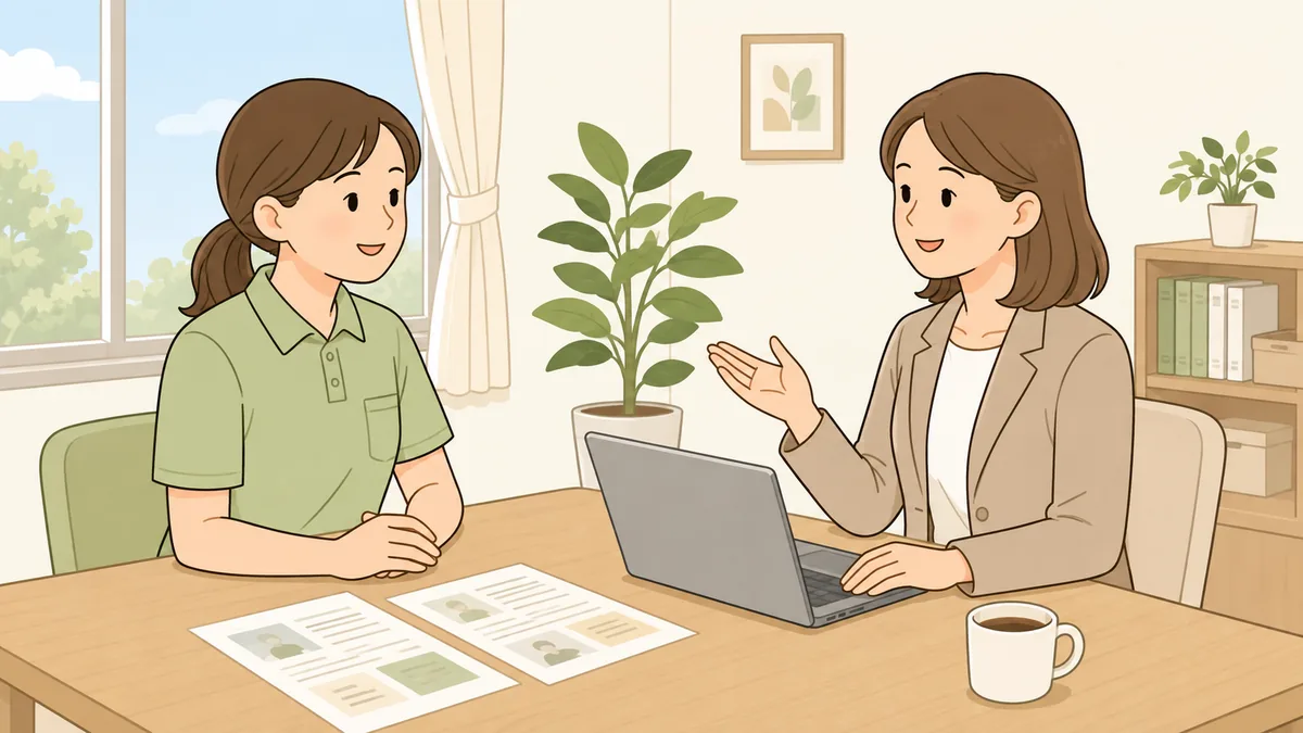 介護職の女性が転職エージェントの担当者と面談しているイラスト
