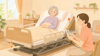 介護士がリモコンで介護ベッドを操作しているイラスト