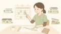 介護職の女性がシフト表を見て勤務日を選んでいるイラスト
