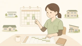 介護職の女性がシフト表を見て勤務日を選んでいるイラスト