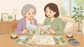 高齢の女性と家族が介護施設のパンフレットを見ながら相談しているイラスト